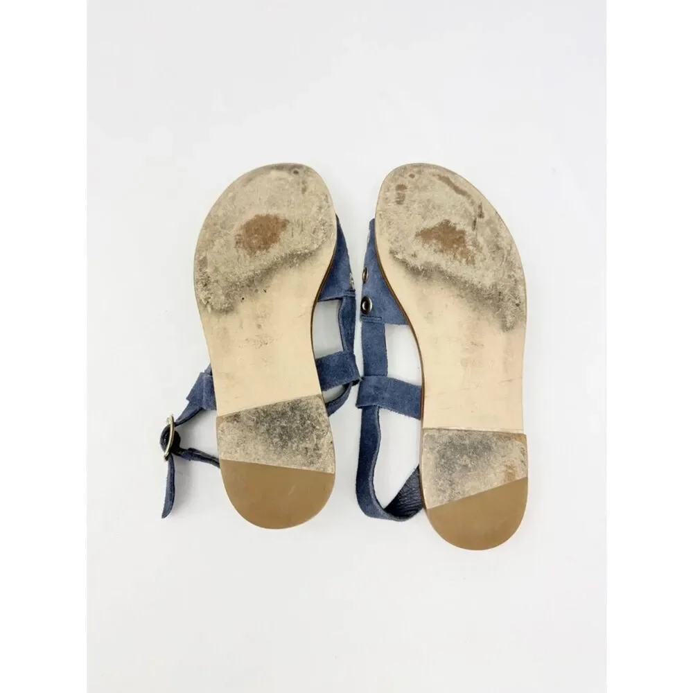 J. Crew Blue Suede Leather Gold Grommet Slingback Nautical Flat Sandals